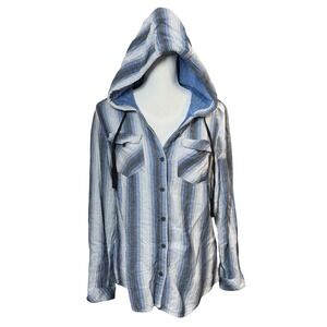 Boston Traders Hooded Button Up Shirt M Blue Grey Striped Excellent Long Sleeve